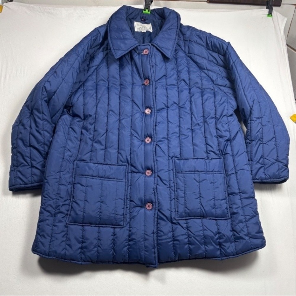 Vintage Blue Quilted Puffer Jacket Women XL Nylon Button Front Retro 29-7414-5